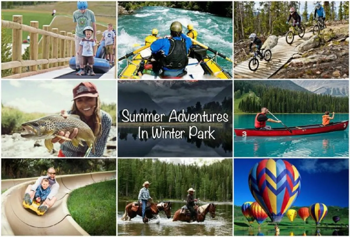 A lively summer scene with families kayaking on a serene lake, biking on a forest path, fishing in a river, and even a hot air balloon floating in the sky. Horseback riding and vibrant greenery evoke a sense of adventure and exploration, highlighting the diversity of outdoor activities available in the warmer months.