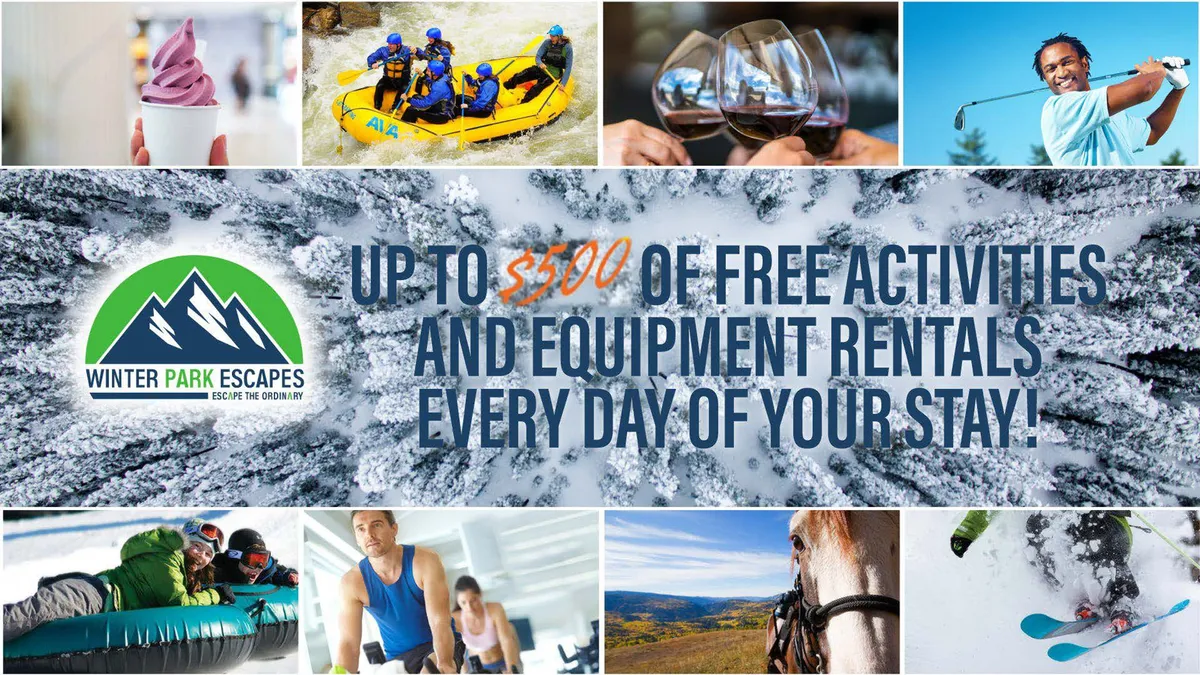 A dynamic collage of outdoor adventures including rafting, skiing, horseback riding, golfing, dining, and enjoying ice cream. People are depicted actively participating in various seasonal activities, underscoring the year-round excitement and diversity of experiences in the area.