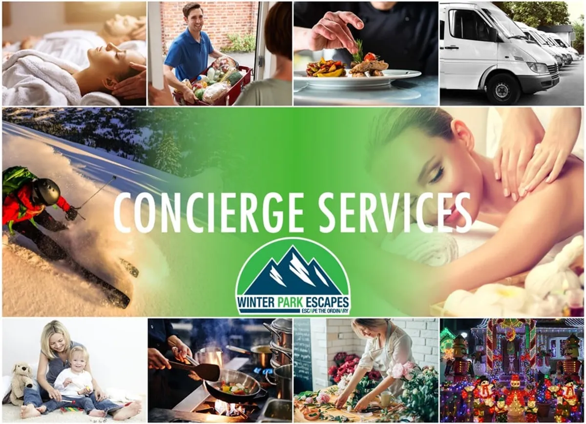 A composite interior image highlighting concierge services, joyful families, food preparation, and wellness treatments. It radiates comfort, luxury, and a focus on both relaxation and personal care through spa treatments and gourmet experiences.
